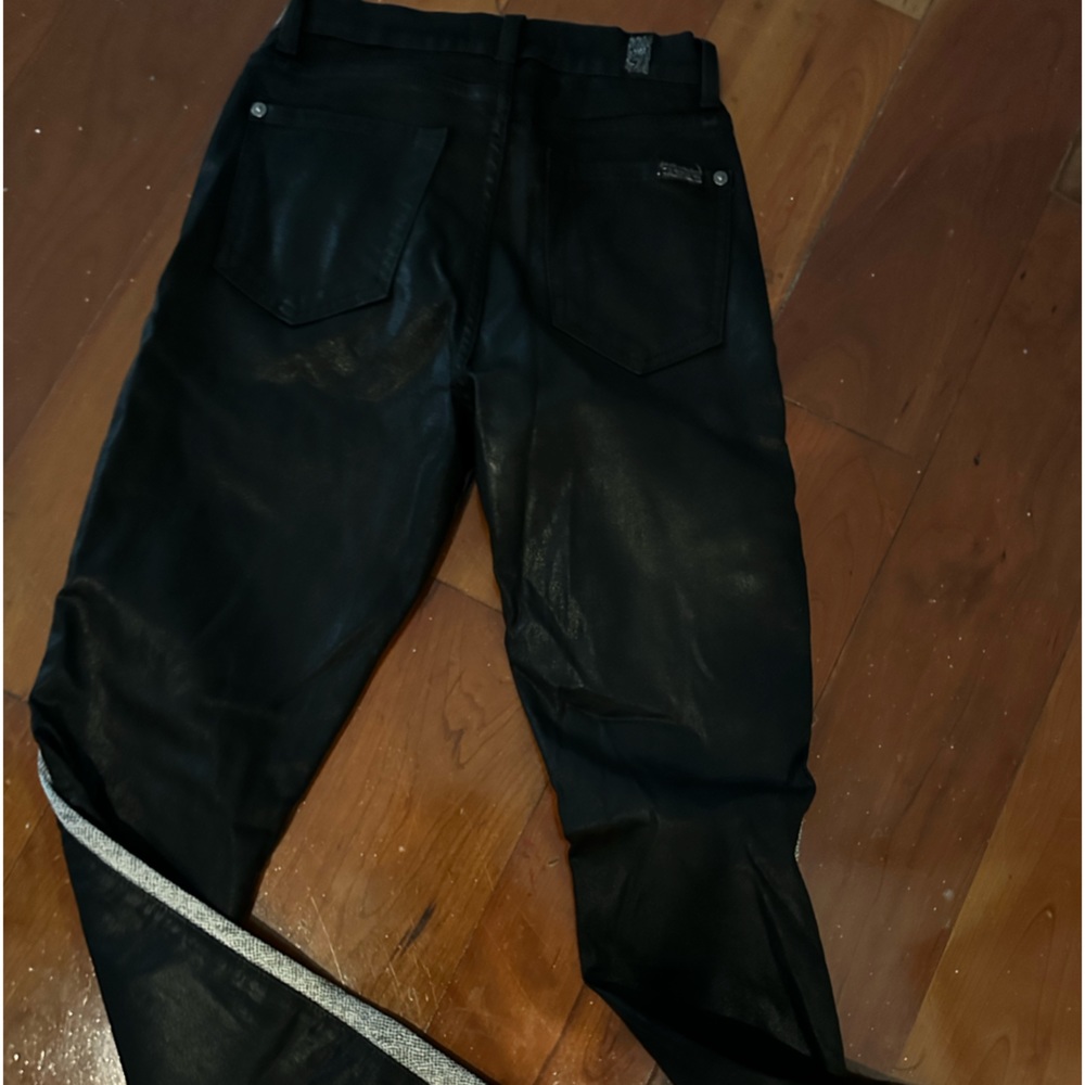 7 For All Man Kind faux leather - wax coated jeans - black with silver strip.